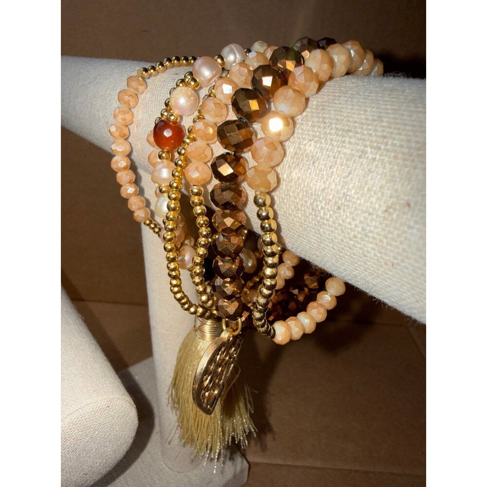 Boho Champagne Crystal & Pearl Beaded Bracelet Stack - Heart & Tassel (Set of 7)